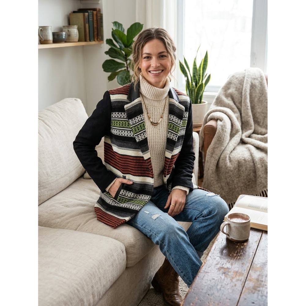 Anthropologie Maje Wool Leather Blazer Jacket Women Small Multicolour Stripe
